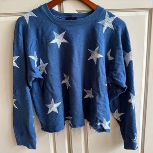Monrow Cropped Distressed Navy Blue Sweatshirt Top w/ White Stars Size L
